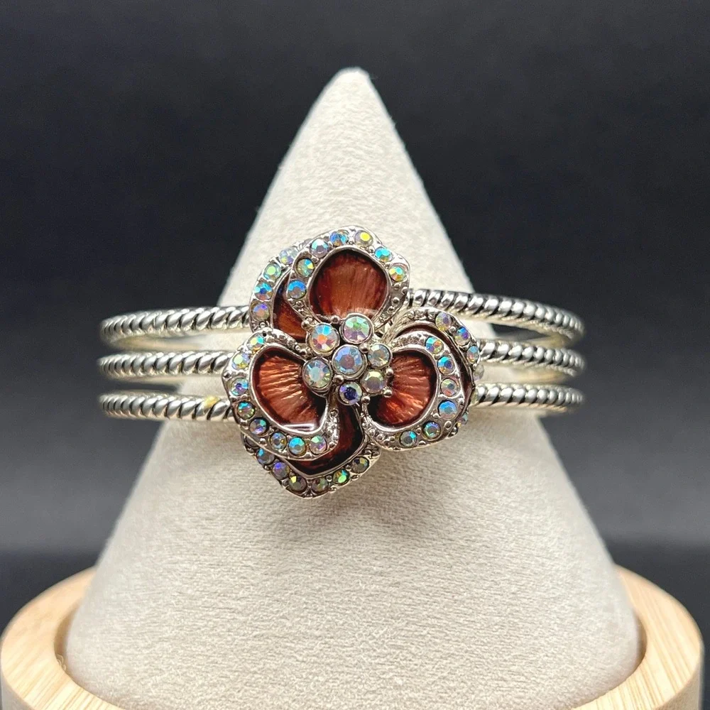 Rhinestone‎ Enamel Flower Bracelet Silver Tone Iridescent Hinged Cuff